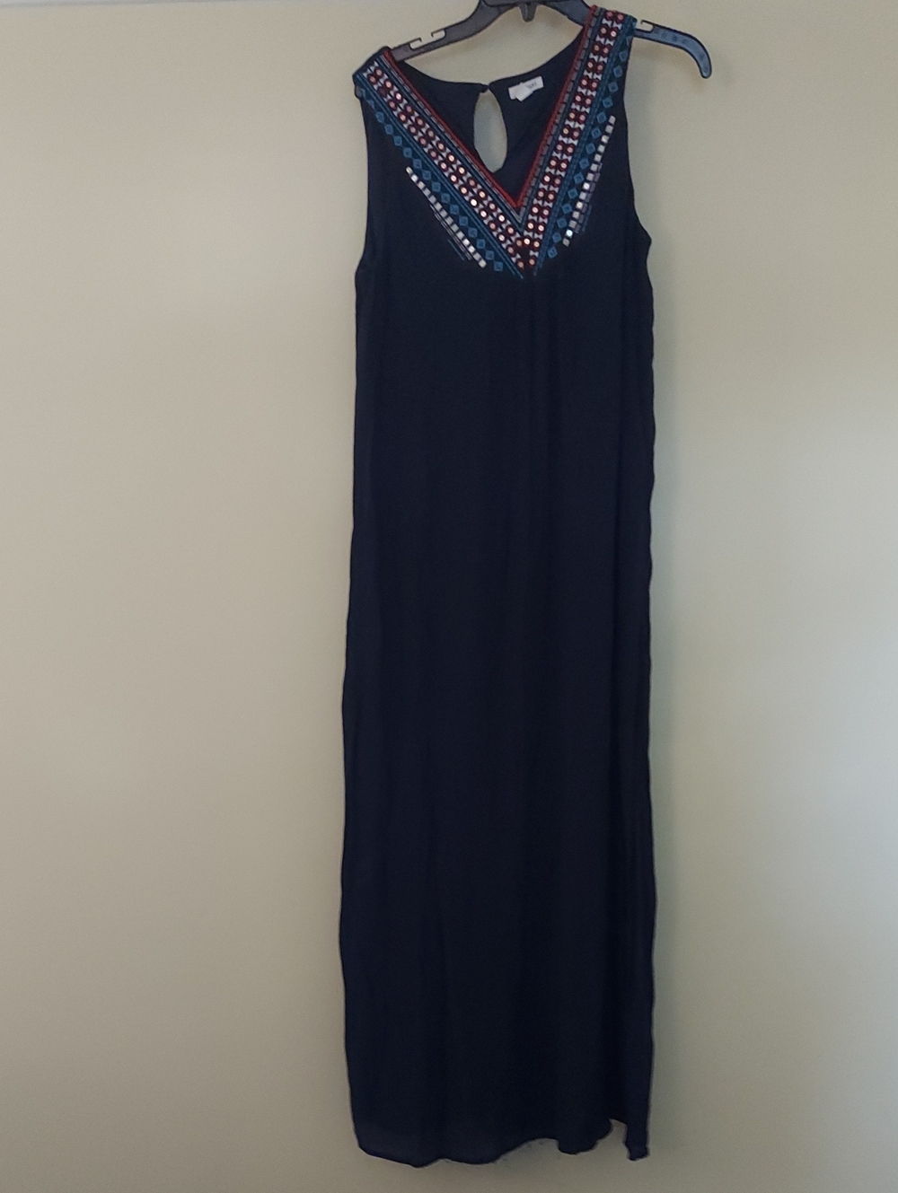 Westport Black Maxi Dress with Multicolor Embroidered V-Neck